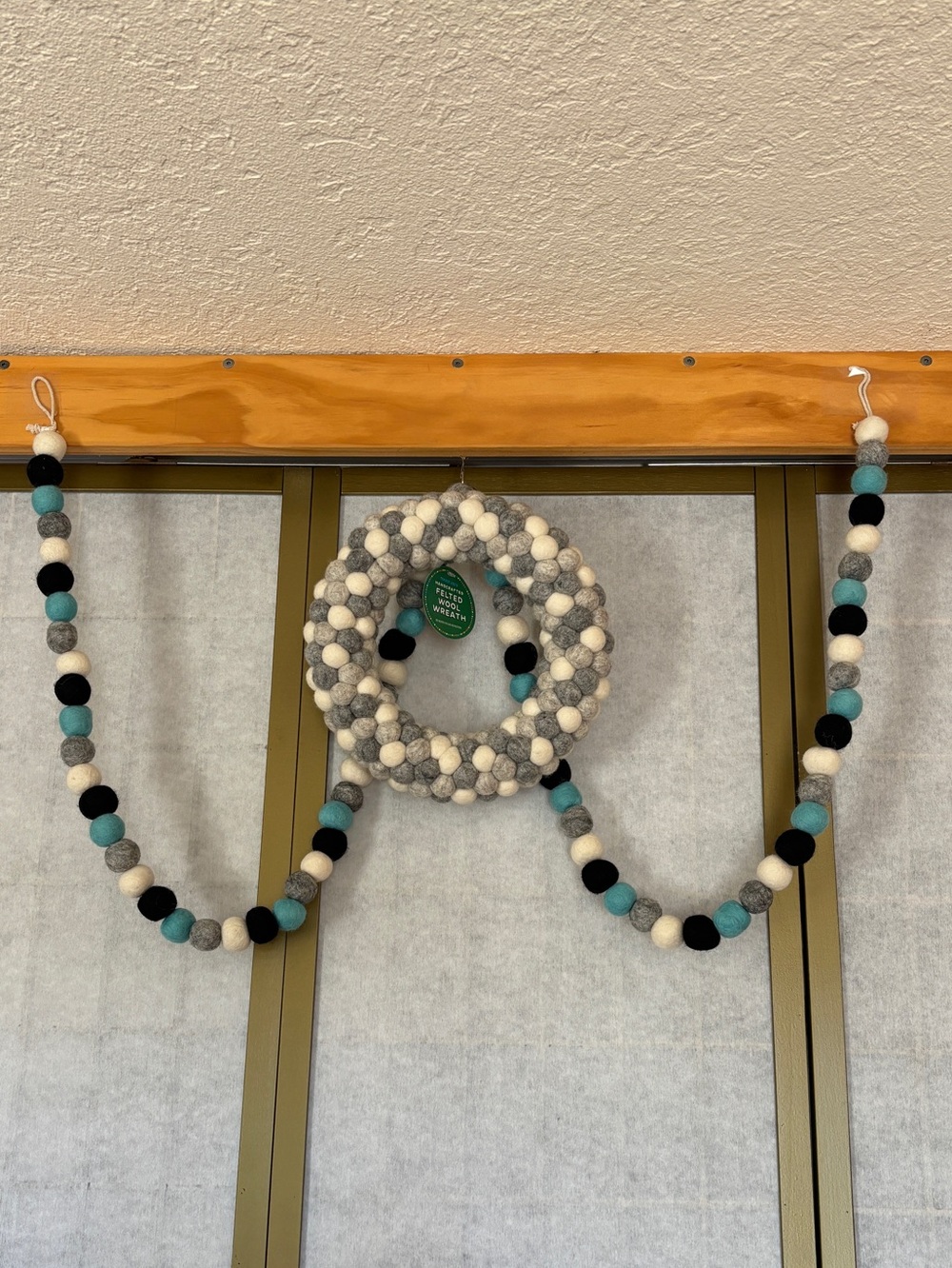 Felted Wool Ball Holiday Garland and Wreath Set - Teal, Black, Gray, Cream